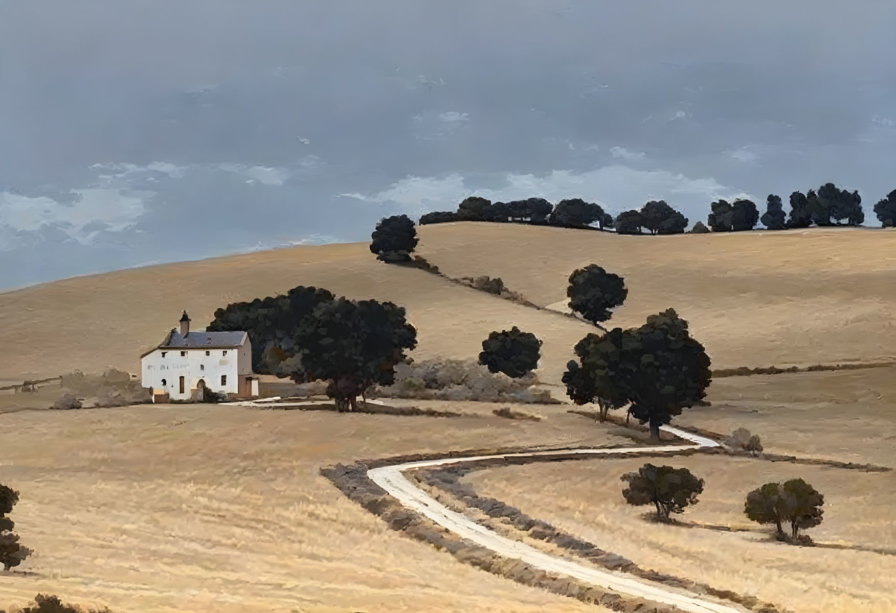 Lonely white house in golden field with dark roof and winding road