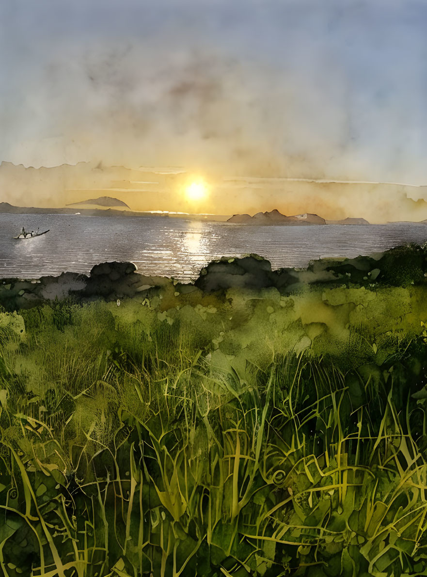 Tranquil coastal sunset watercolor with boat, lush greenery, and golden sky