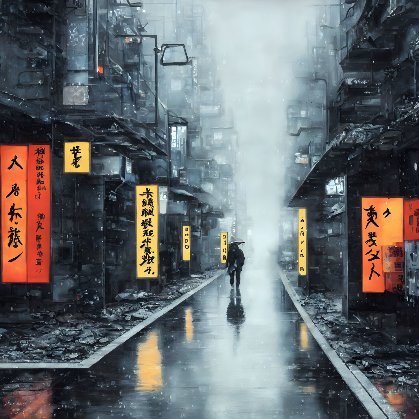 Person walking in neon-lit dystopian alley during snowfall