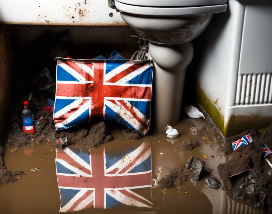 Flooded bathroom with Union Jack cushion and submerged flag in muddy water