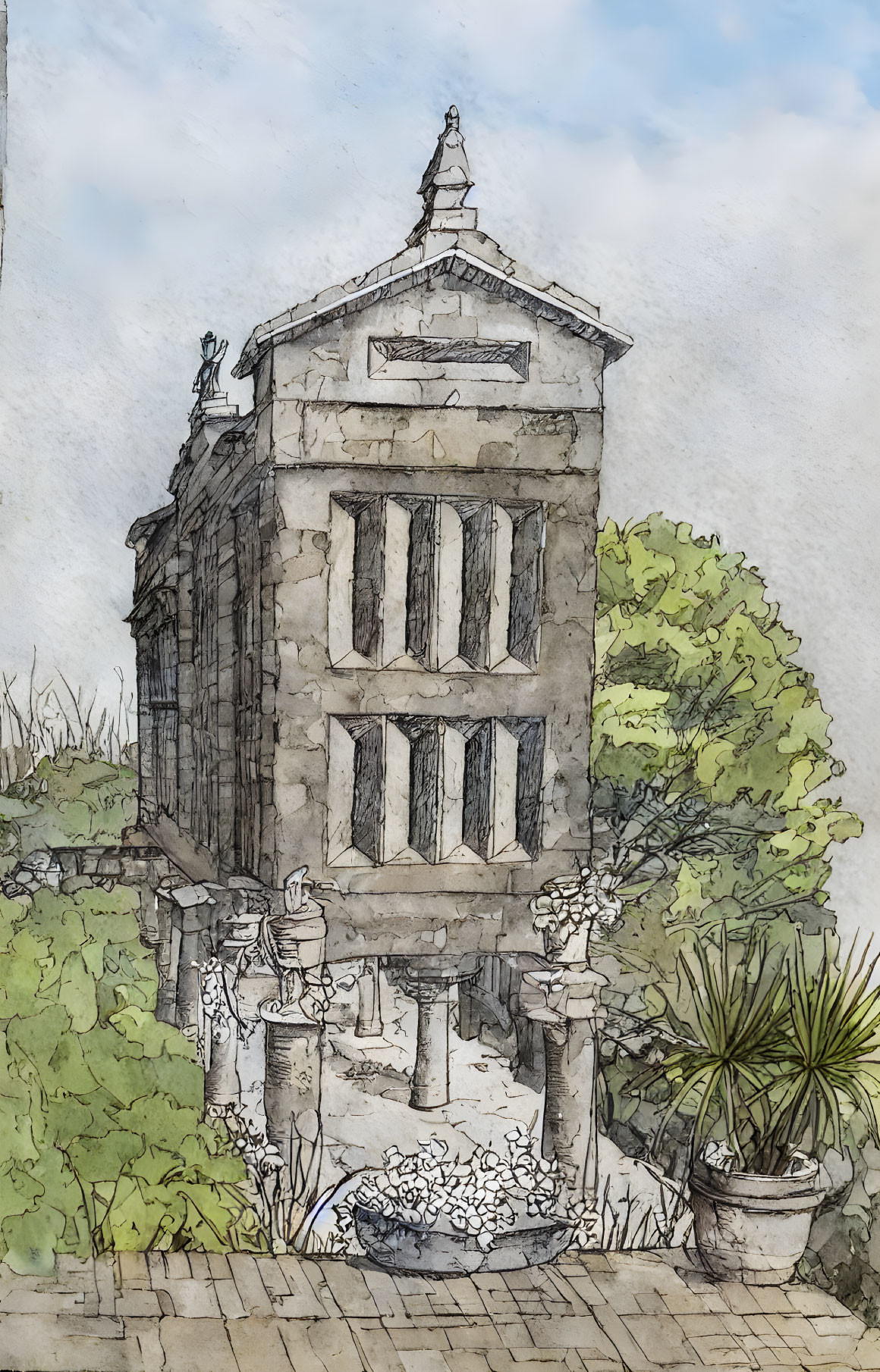 Detailed ink and watercolor illustration of antique two-story building with classical facade and lush surroundings.