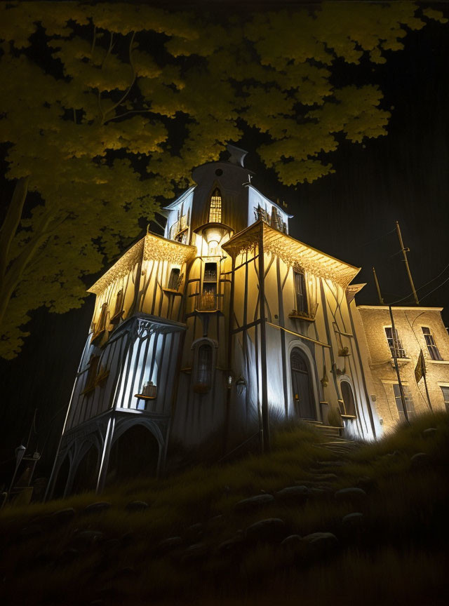 Victorian-style house at night with warm lights and eerie ambiance