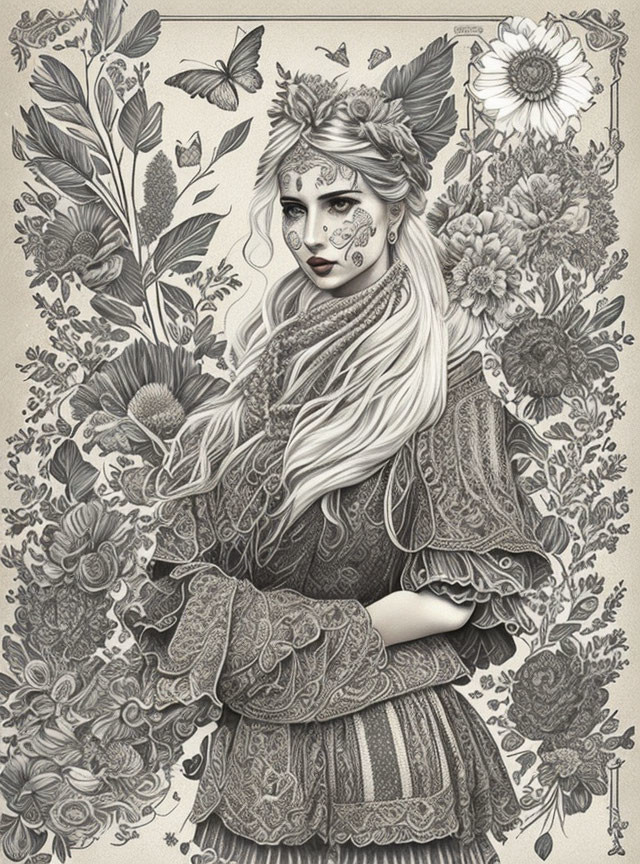 Detailed monochrome illustration of woman with floral motifs and butterflies