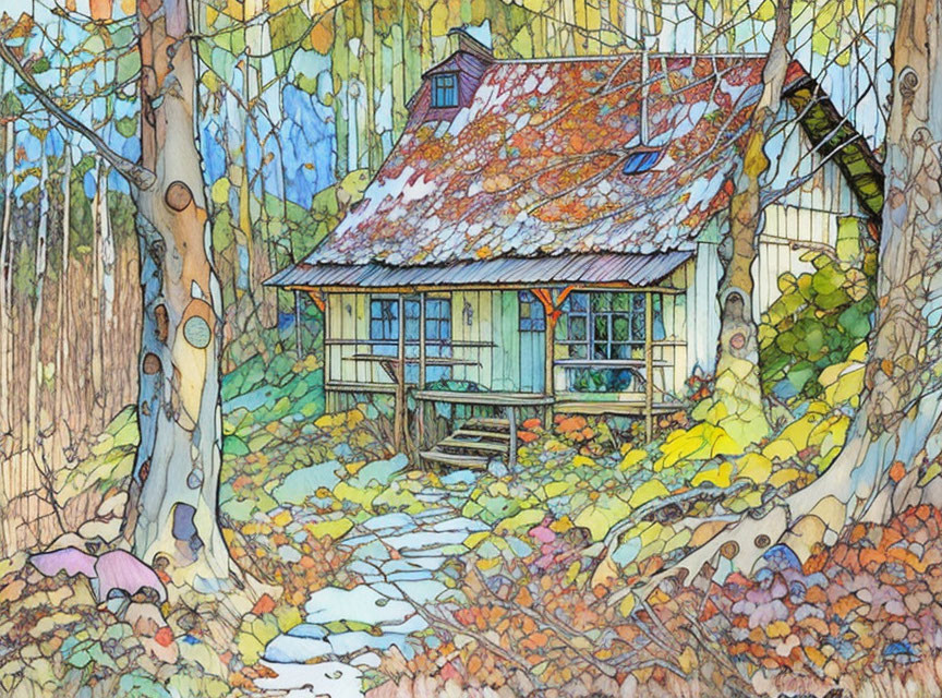 Illustration of Cozy Cottage in Autumn Forest