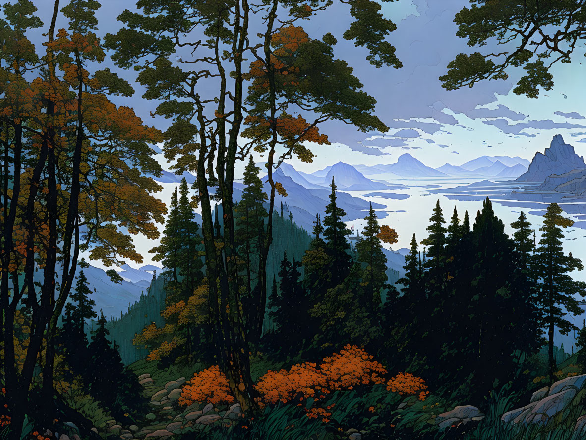 Scenic lake view with autumn trees and mountains in vibrant illustration