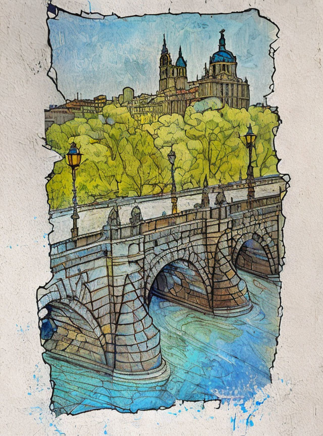 Historic stone bridge over river with street lamps, cathedral, trees on textured paper