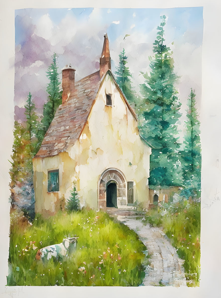 Tranquil watercolor: Cottage in lush greenery under cloudy sky