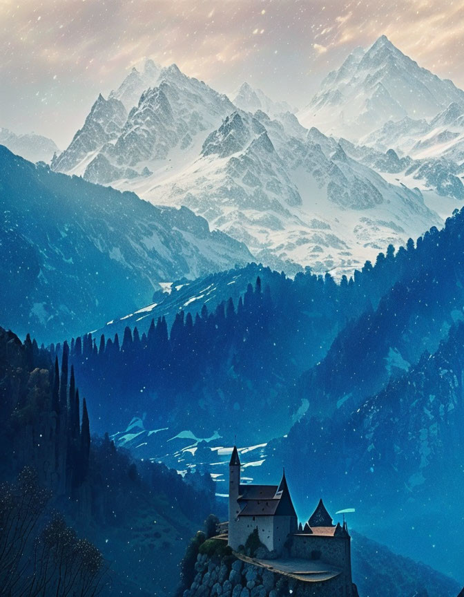 Castle on rocky outcrop with snow-covered mountains under starry sky