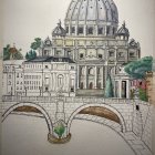 Vintage-style sketch of domed building with bridge and trees in foreground.