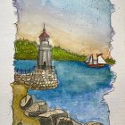 Colorful Watercolor Painting: Lighthouse, Sunset, Cottage