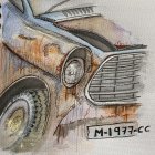 Vintage Car Front Watercolor Painting: Rust, Patina, Headlight, Grille Details