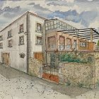 Corner View Two-Story Building Watercolor Illustration