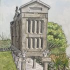 Detailed ink and watercolor illustration of antique two-story building with classical facade and lush surroundings.