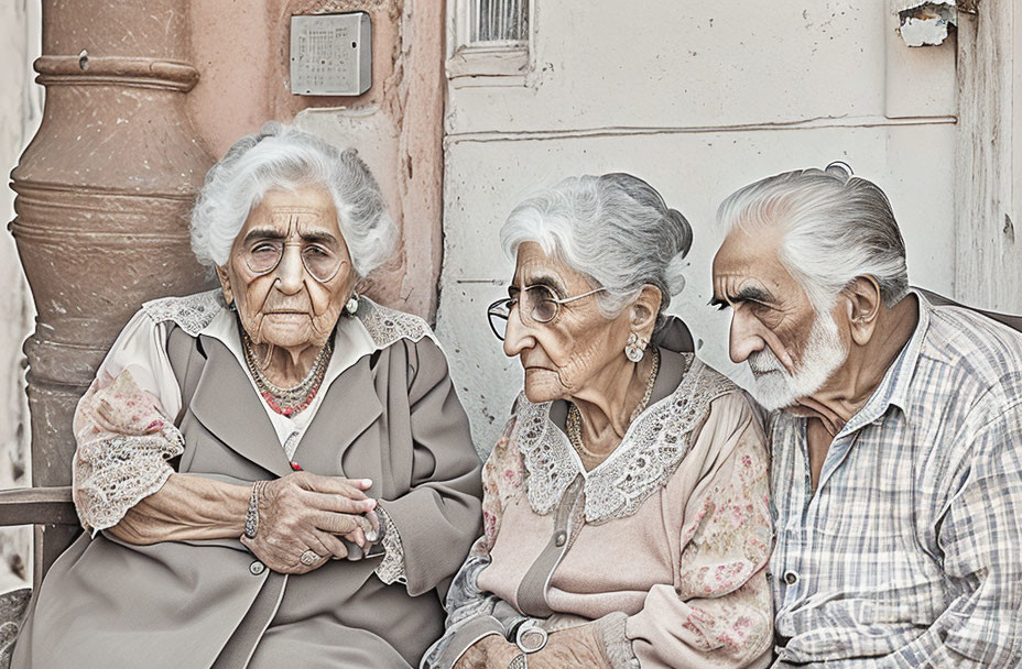 Elderly man and two women sitting together against faded wall