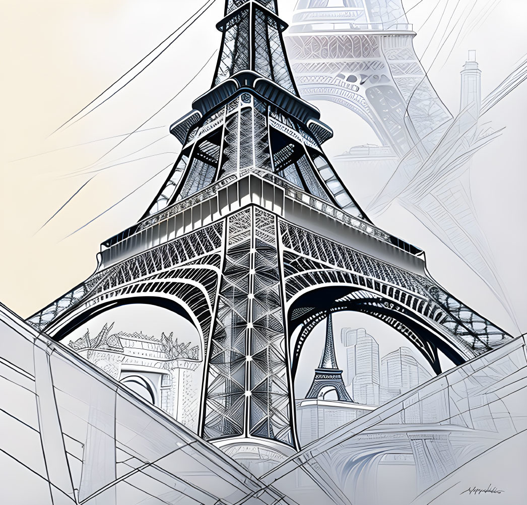 Detailed Stylized Eiffel Tower Illustration with Geometric Patterns