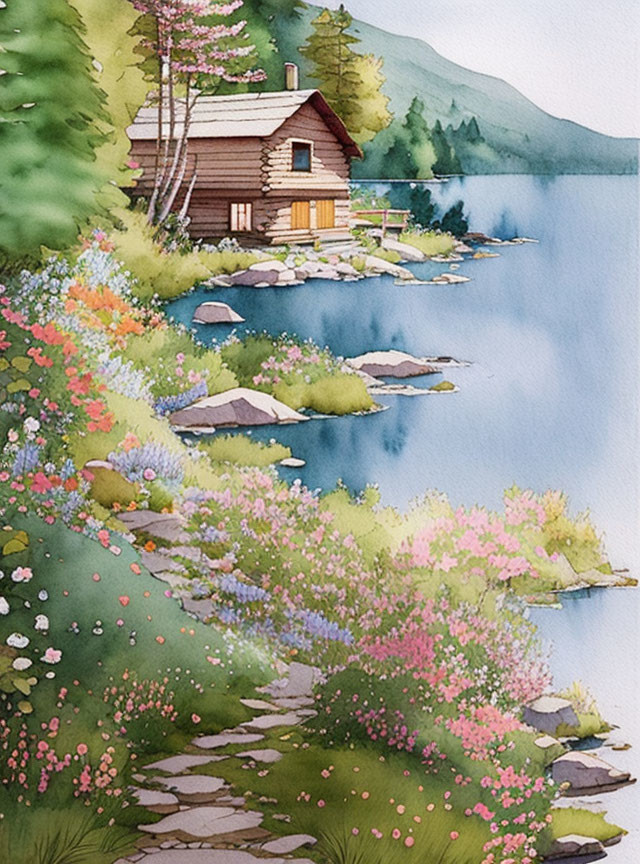 Tranquil lakeside cabin in watercolor art
