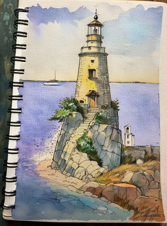 Watercolor painting: Lighthouse on rocky terrain with ocean view.