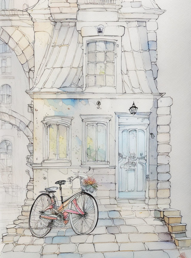 Whimsical watercolor illustration of a quaint blue door entrance with a parked bicycle