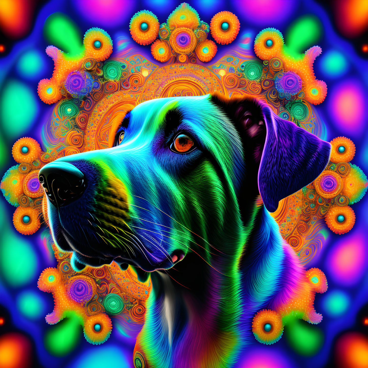 Neon-colored dog with kaleidoscopic mandala background