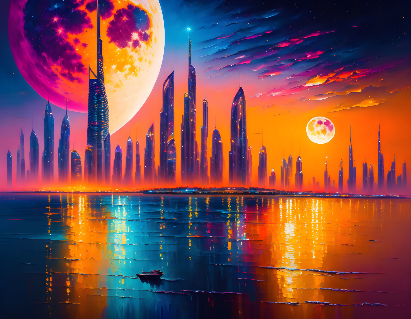Futuristic sci-fi cityscape with dual moons and colorful nebula
