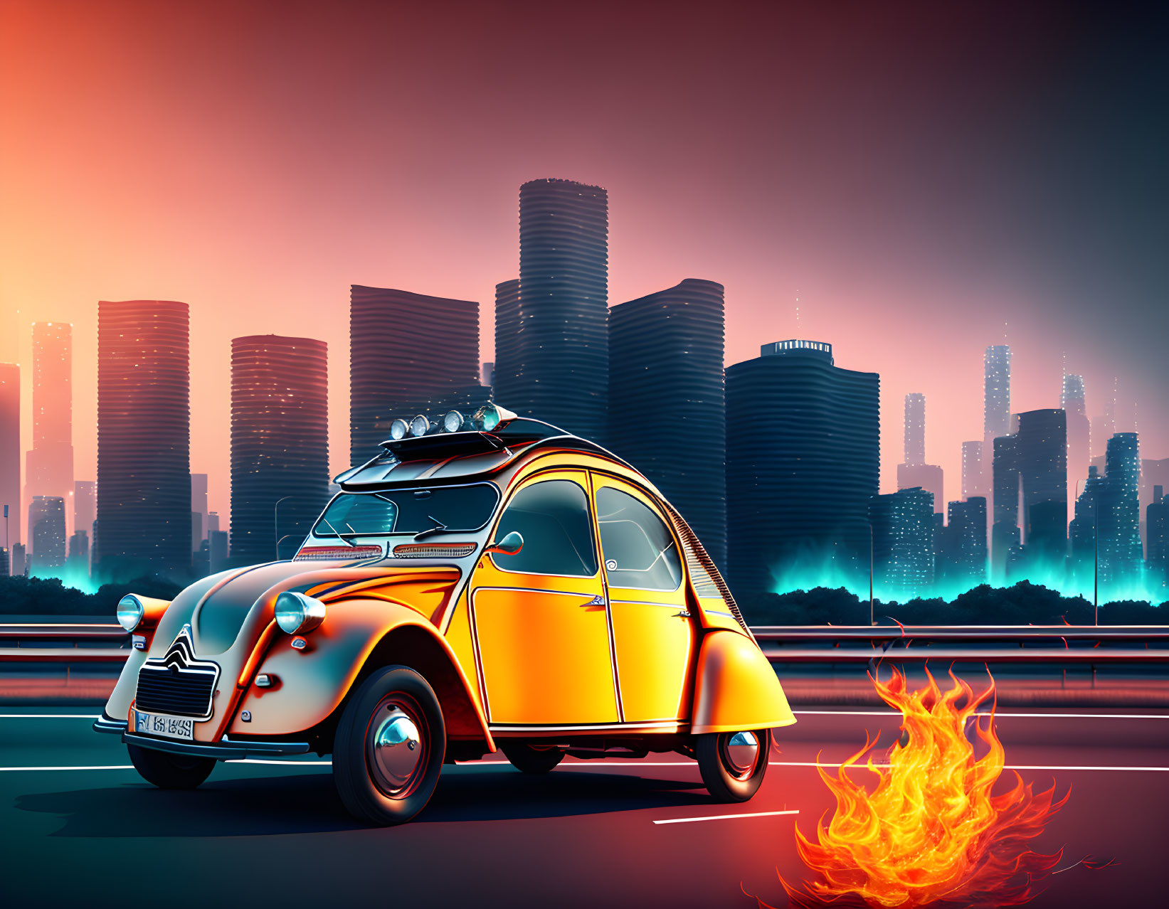 Stylized image: Classic orange car with flames driving on road with futuristic city skyline at dusk