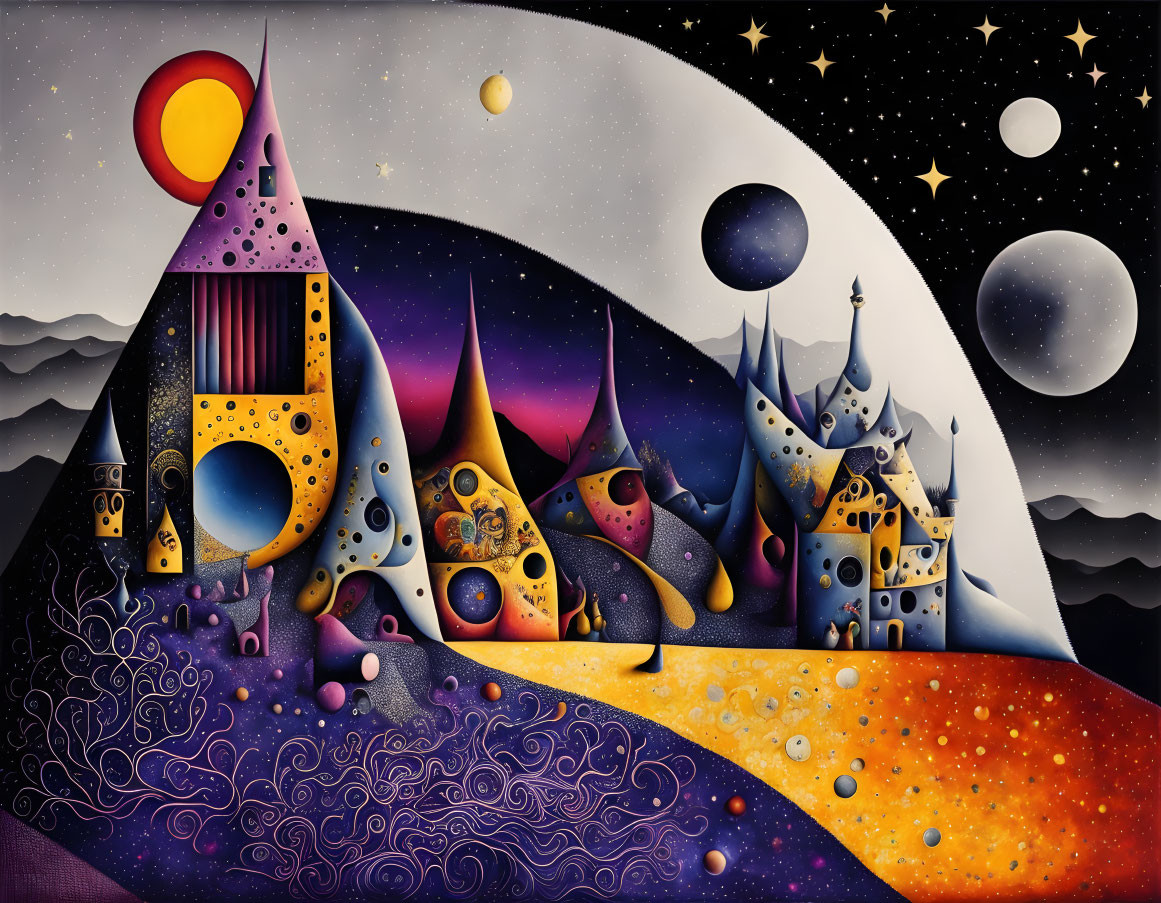 Colorful Stylized Houses with Cheese-like Holes Under Night Sky