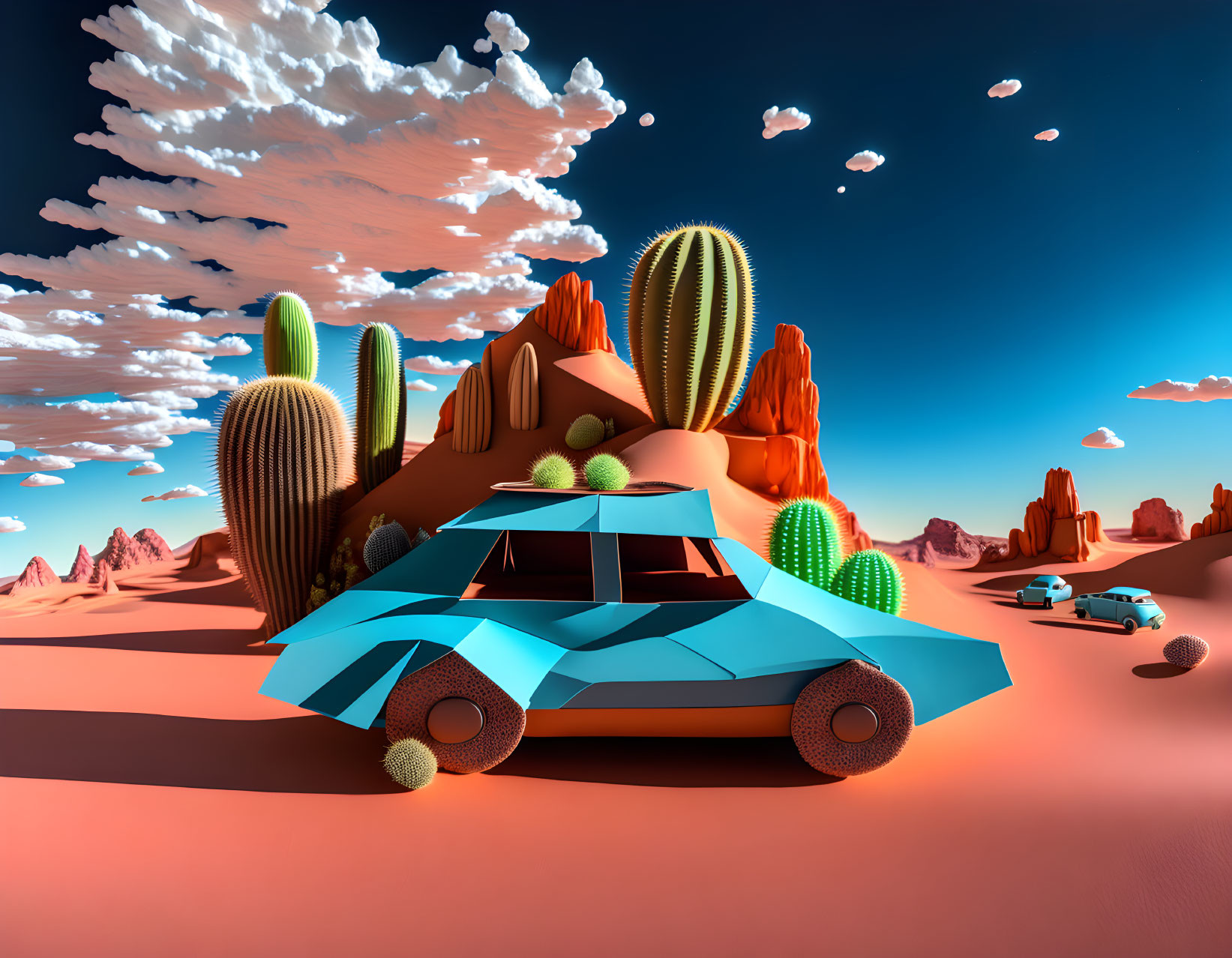 Blue geometric car in desert with cacti, rocks, and clouds