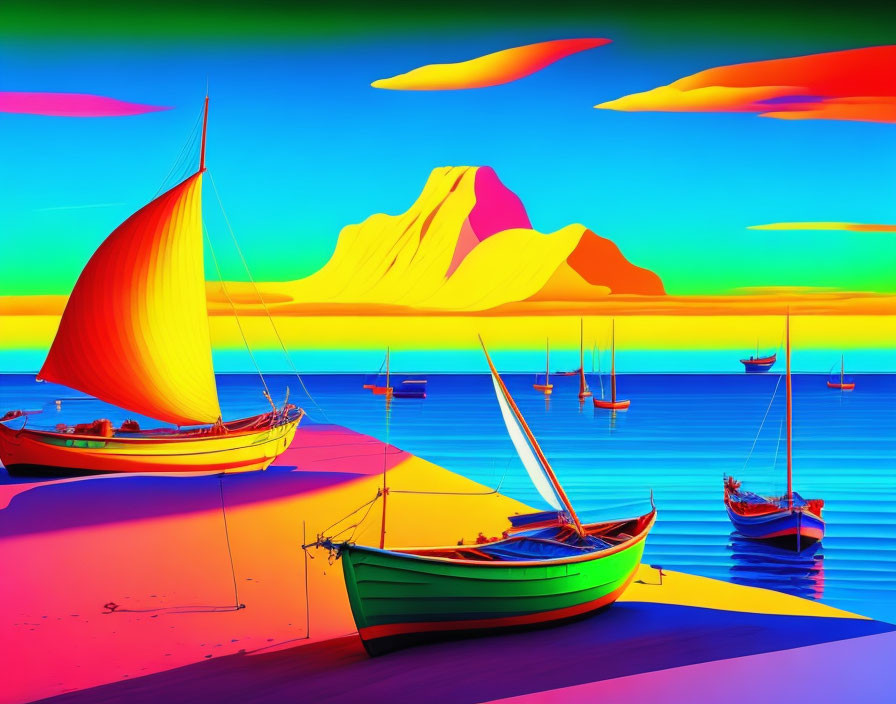 Colorful surreal landscape with boats, striped sand, sea, sky, and mountain