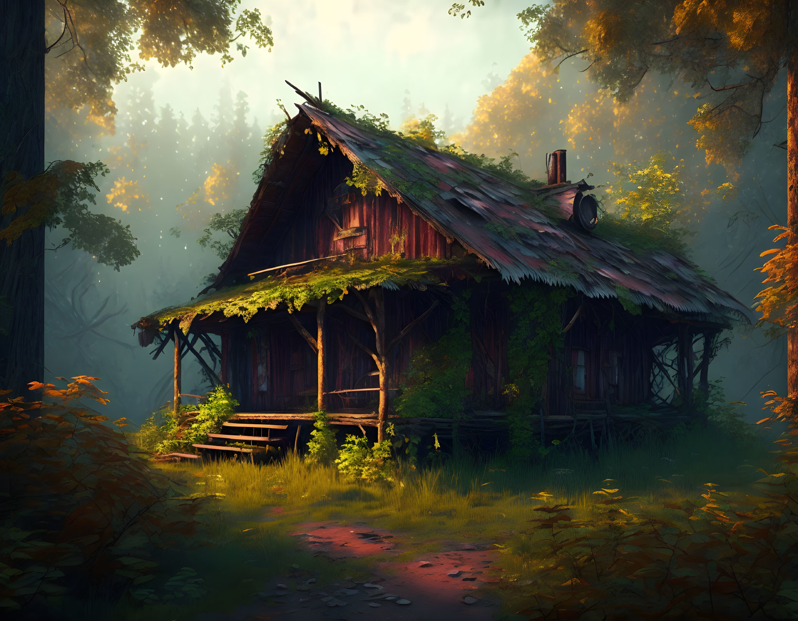 Tranquil woodland cabin with moss-covered roof in sunlit forest.