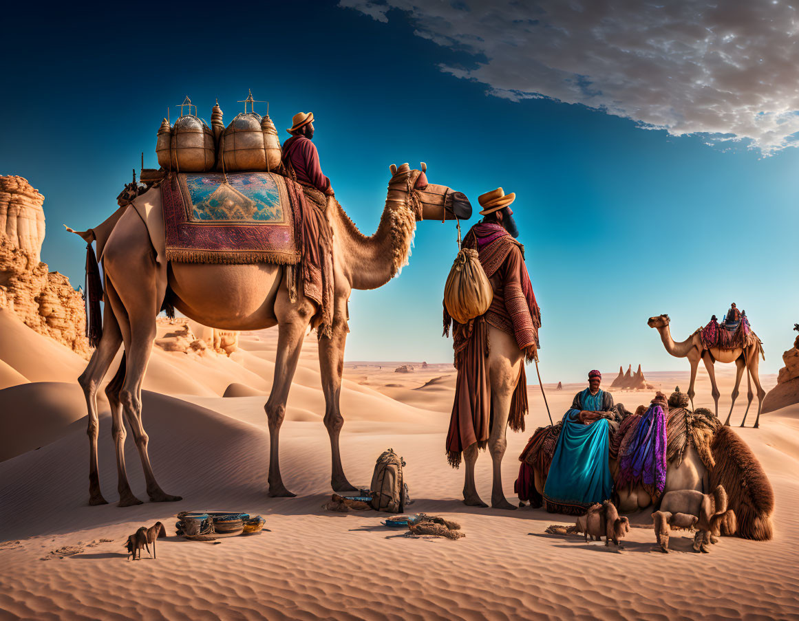 Two individuals with camels in desert landscape with sand dunes and traditional attire.