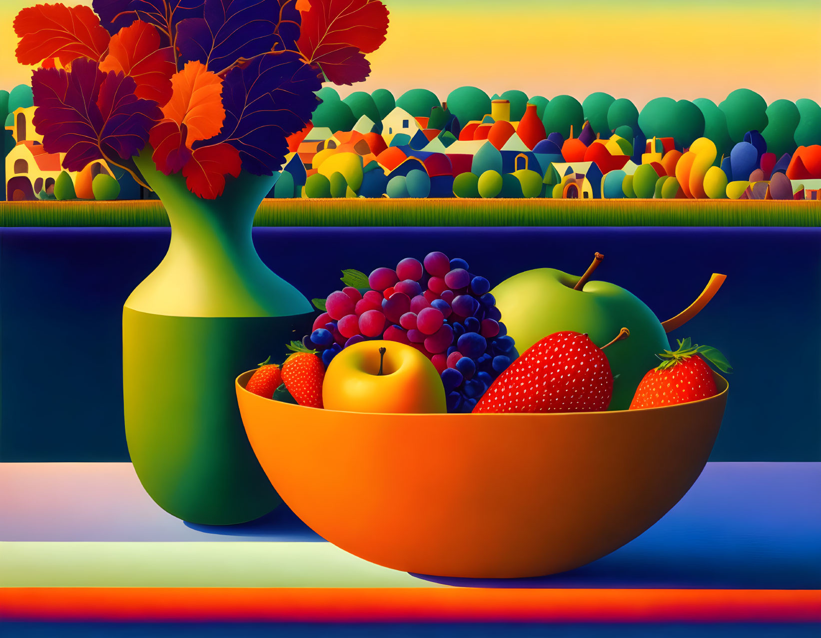 Colorful still-life with fruit bowl and plant vase against landscape backdrop