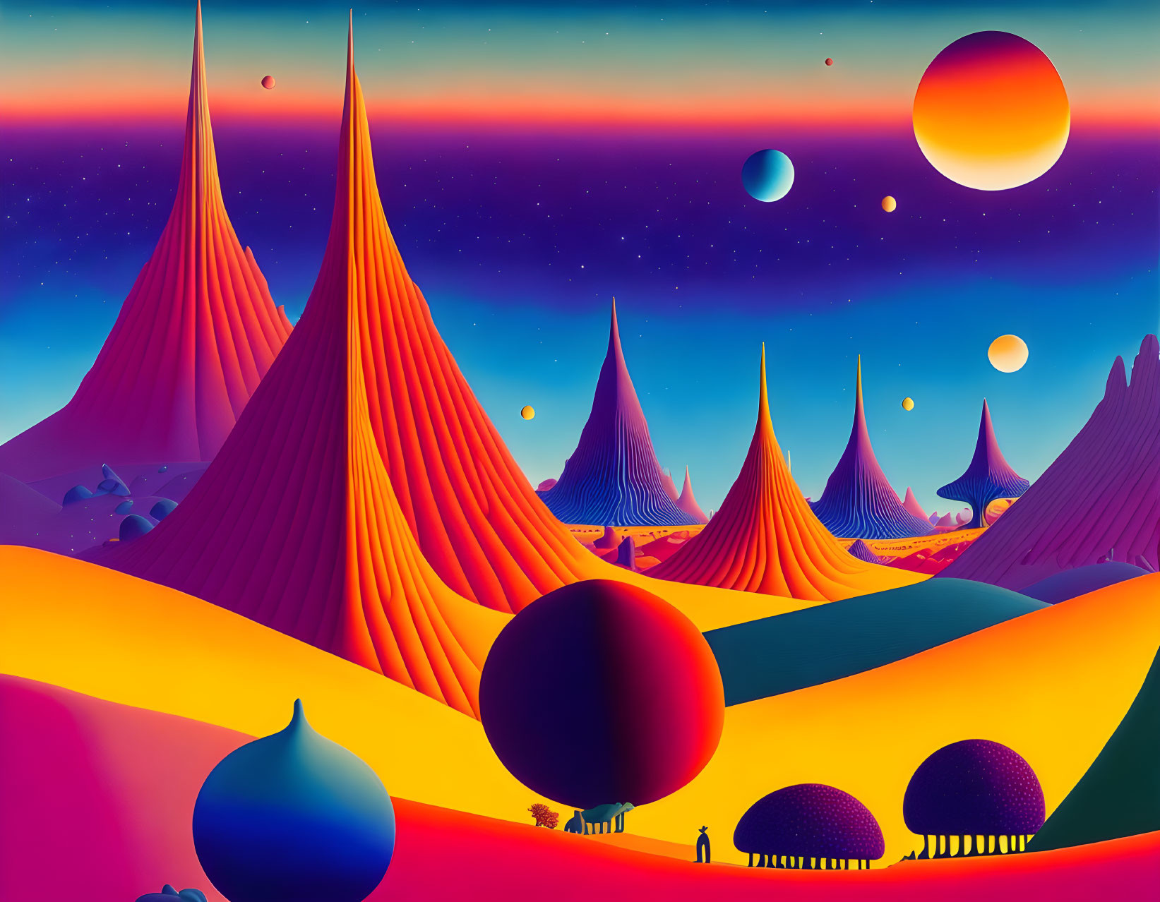 Colorful surreal landscape with conical mountains and celestial bodies.