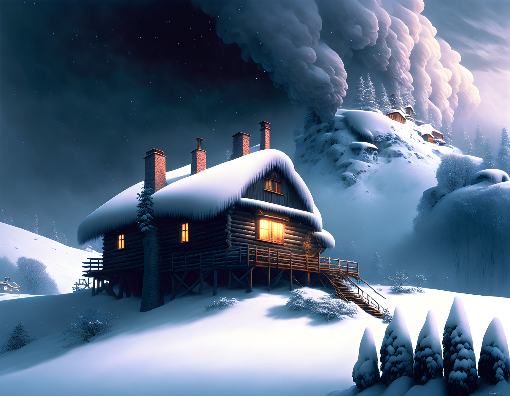 Snowy Night: Cozy Cabin with Smoking Chimneys