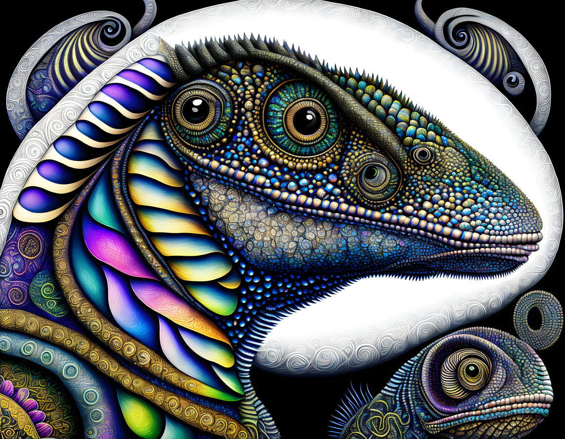 Detailed Stylized Chameleon Art with Colorful Patterns