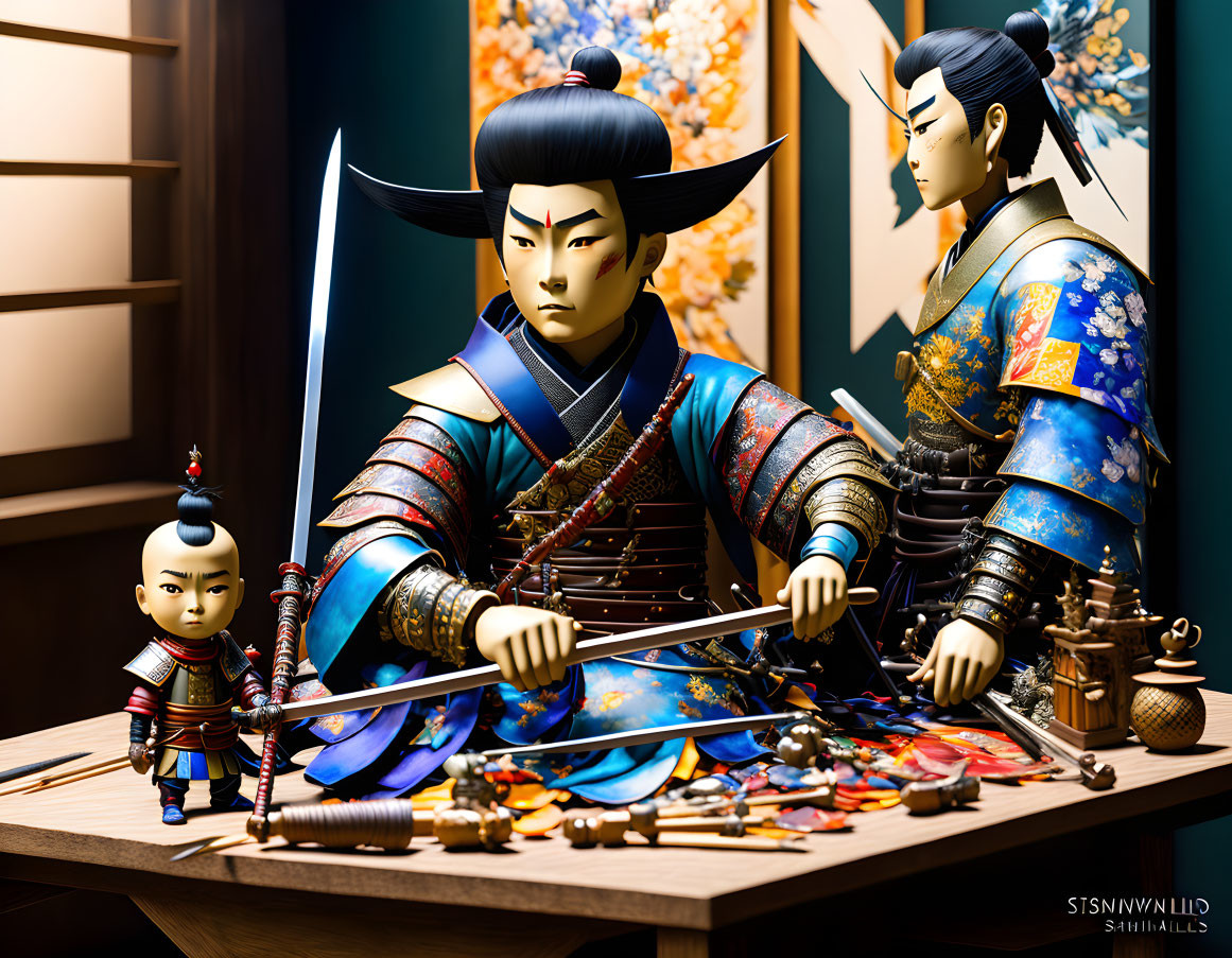 Intricate Samurai Warrior Figurines with Traditional Japanese Armor and Weapons