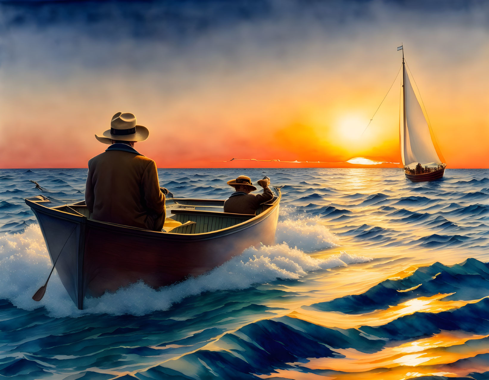 Rowboat and sailboat on wavy waters at sunset