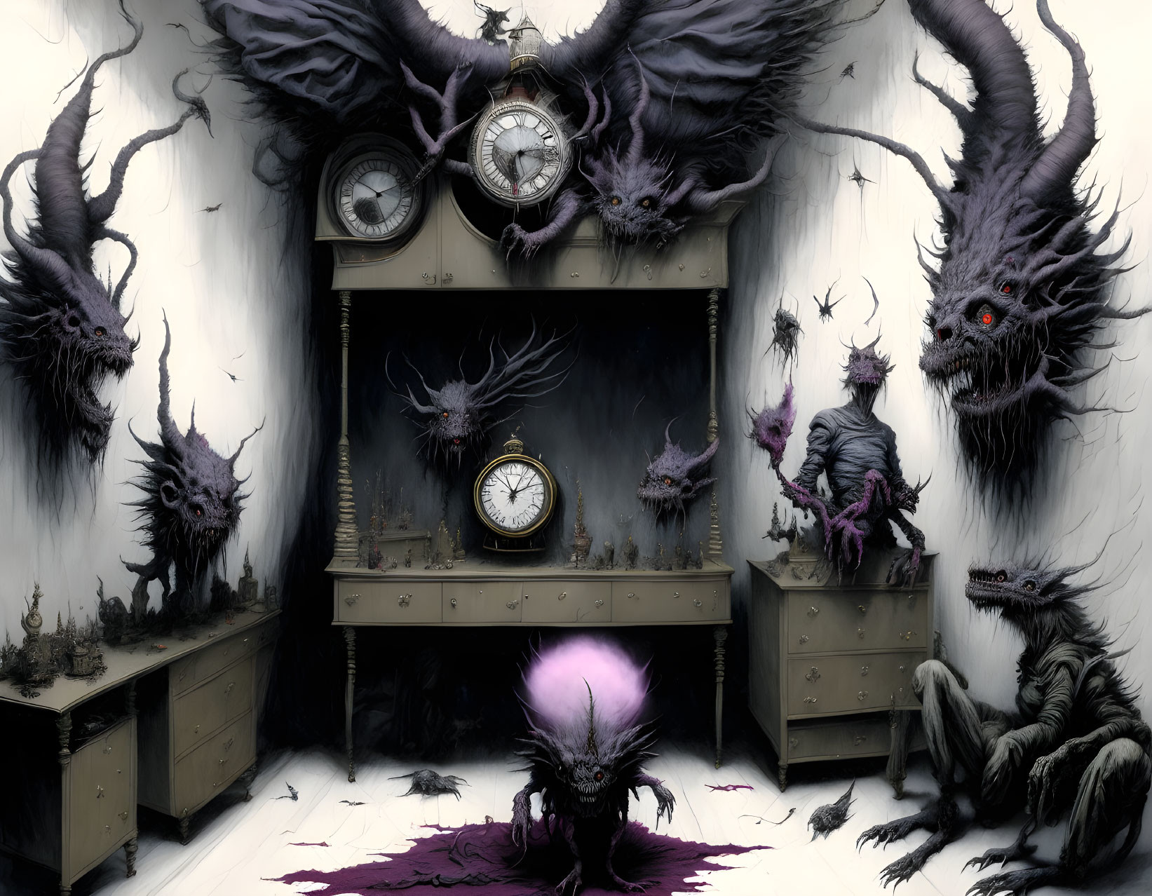 Surreal room with dark creatures, fireplace, and clocks