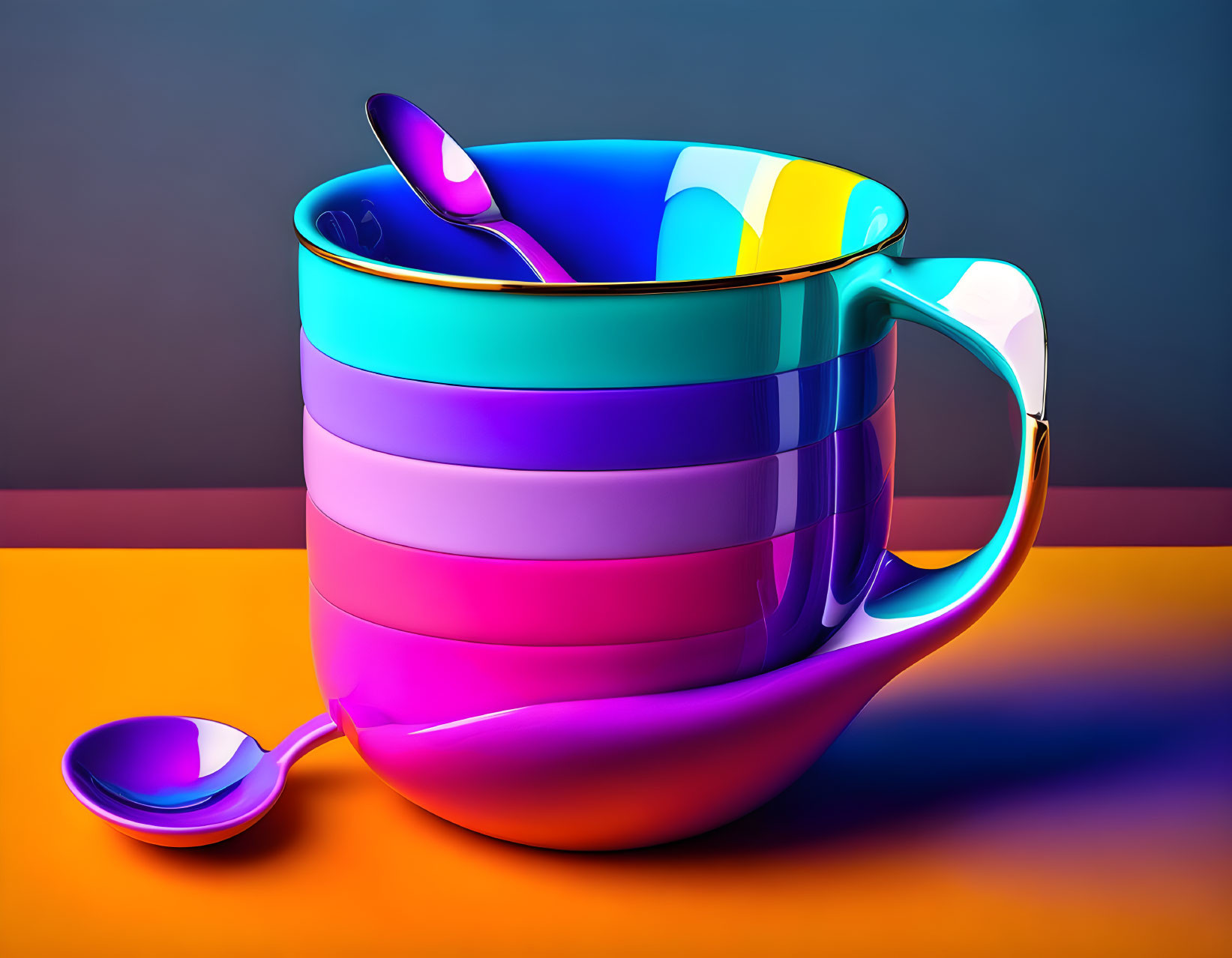 Vibrant Glossy Teacups on Dual-tone Background