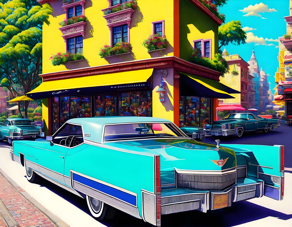 Classic turquoise and white Cadillac in vibrant street scene.