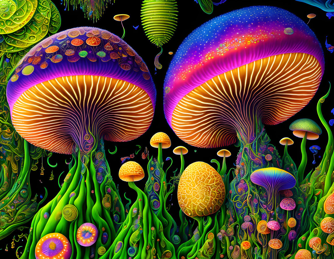 Colorful psychedelic mushroom and plant life illustration on black background