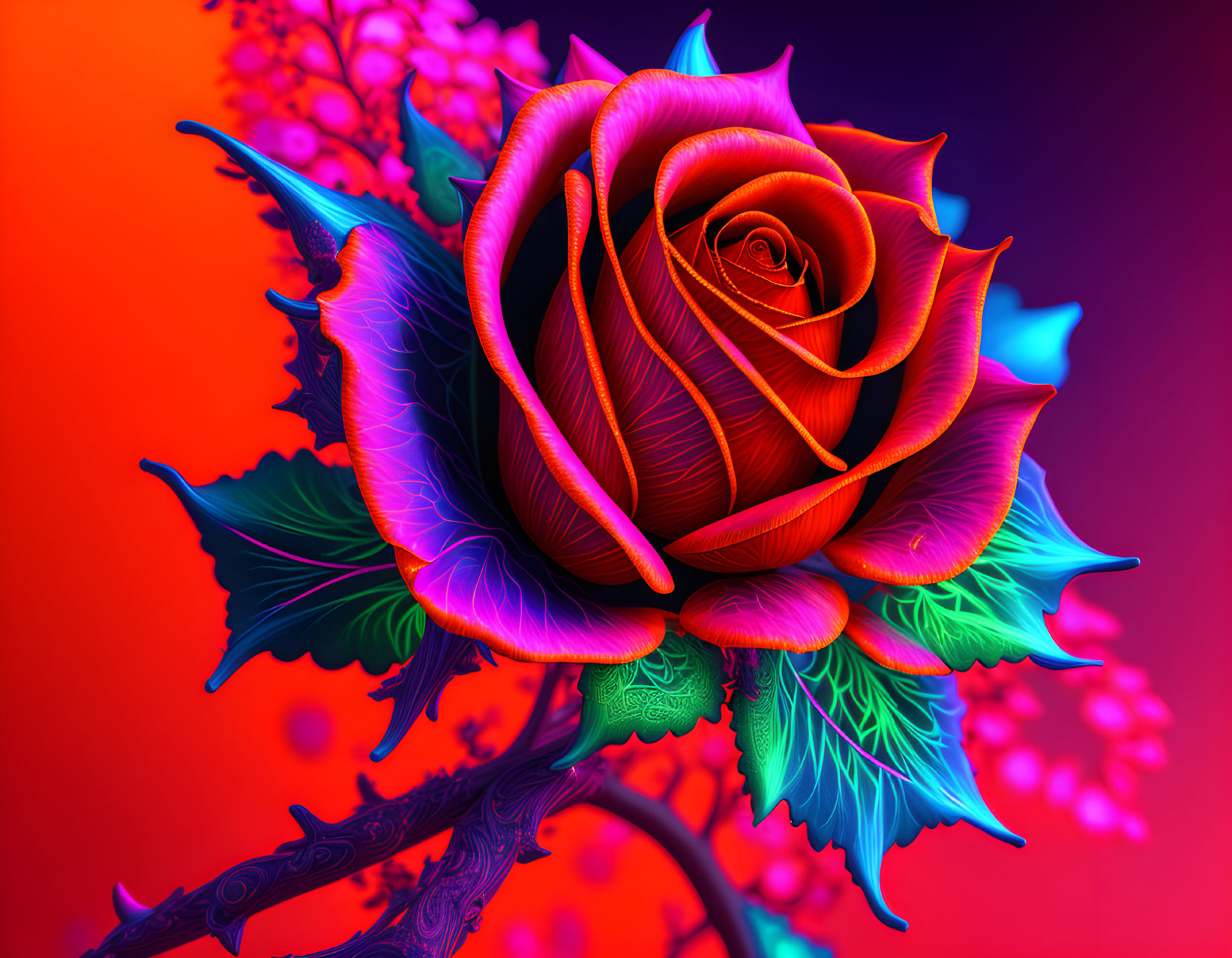 Colorful digital artwork: Rose with red-to-blue gradient background, neon outlines, detailed petals & leaves