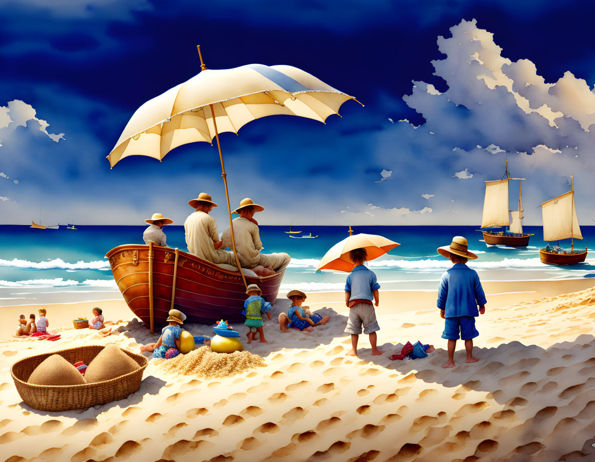 Vintage Beach Scene with Umbrella, Boat, and Sailboats