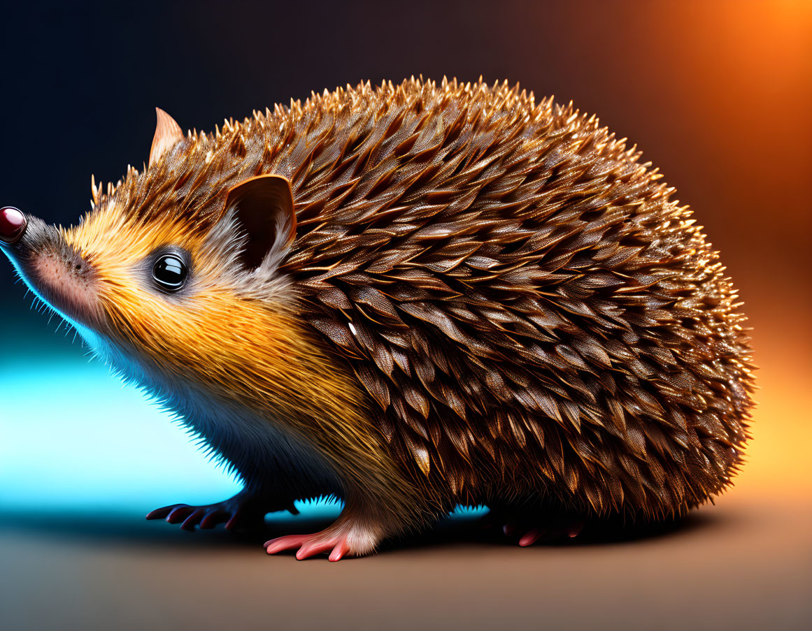 Detailed Hedgehog with Sharp Spines on Blue and Orange Background