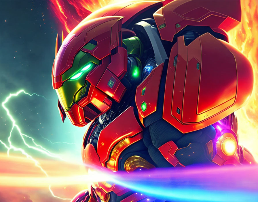 Colorful illustration of red and green armored figure in cosmic scene