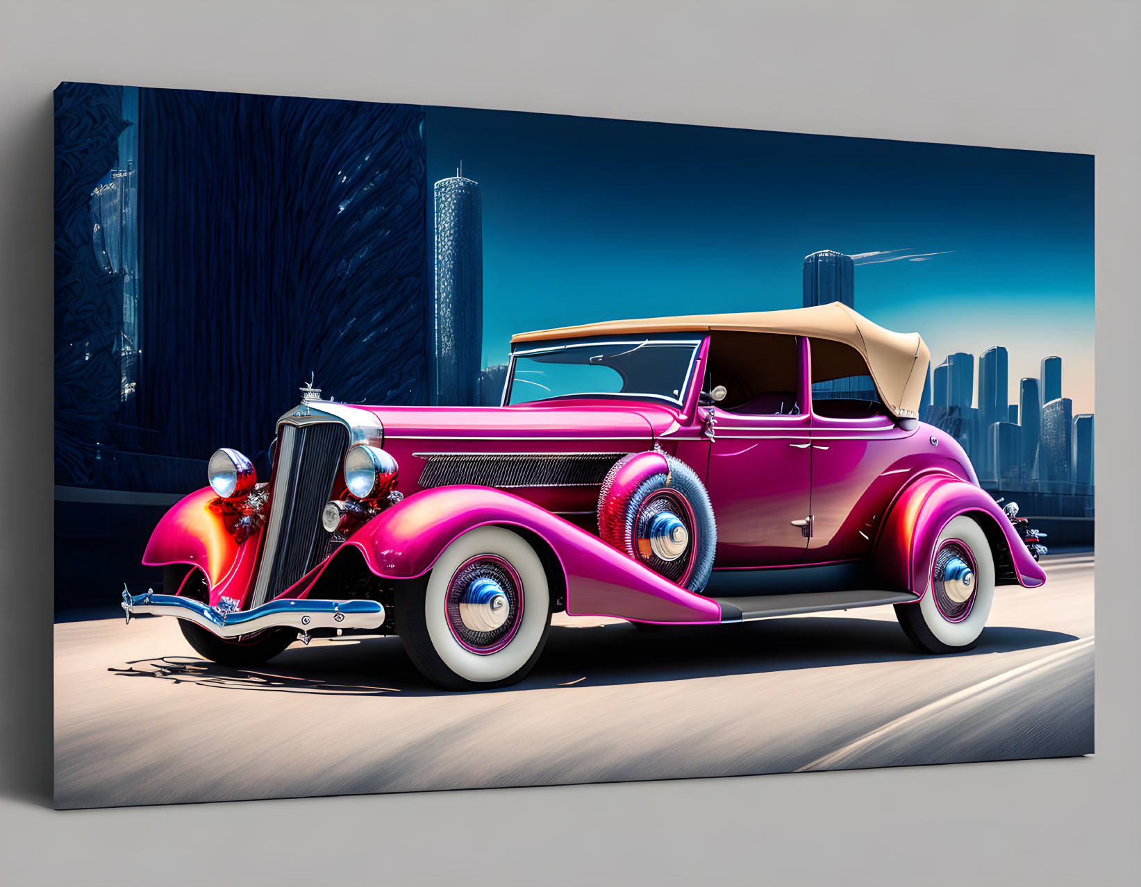 Colorful classic car on canvas with city skyline background