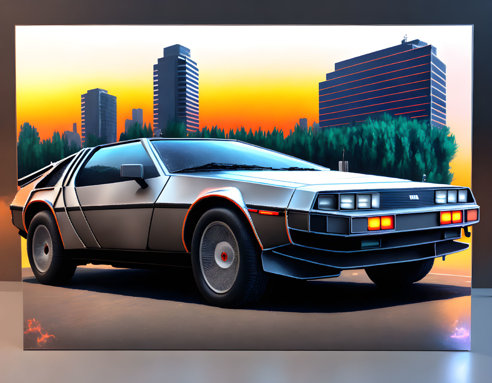 Delorean sports car with gull-wing doors against sunset cityscape