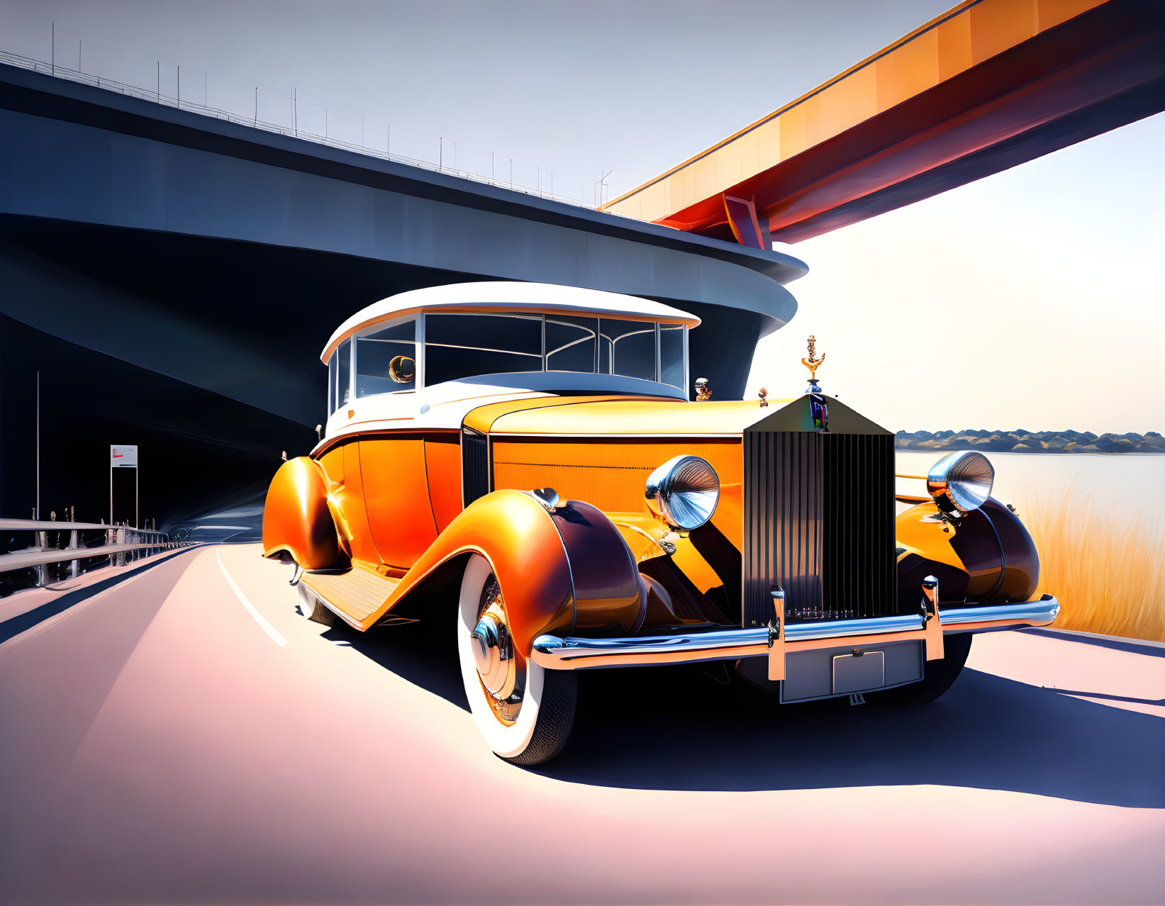 Vintage Car Parked by Lake Under Large Bridge with Orange and White Colors