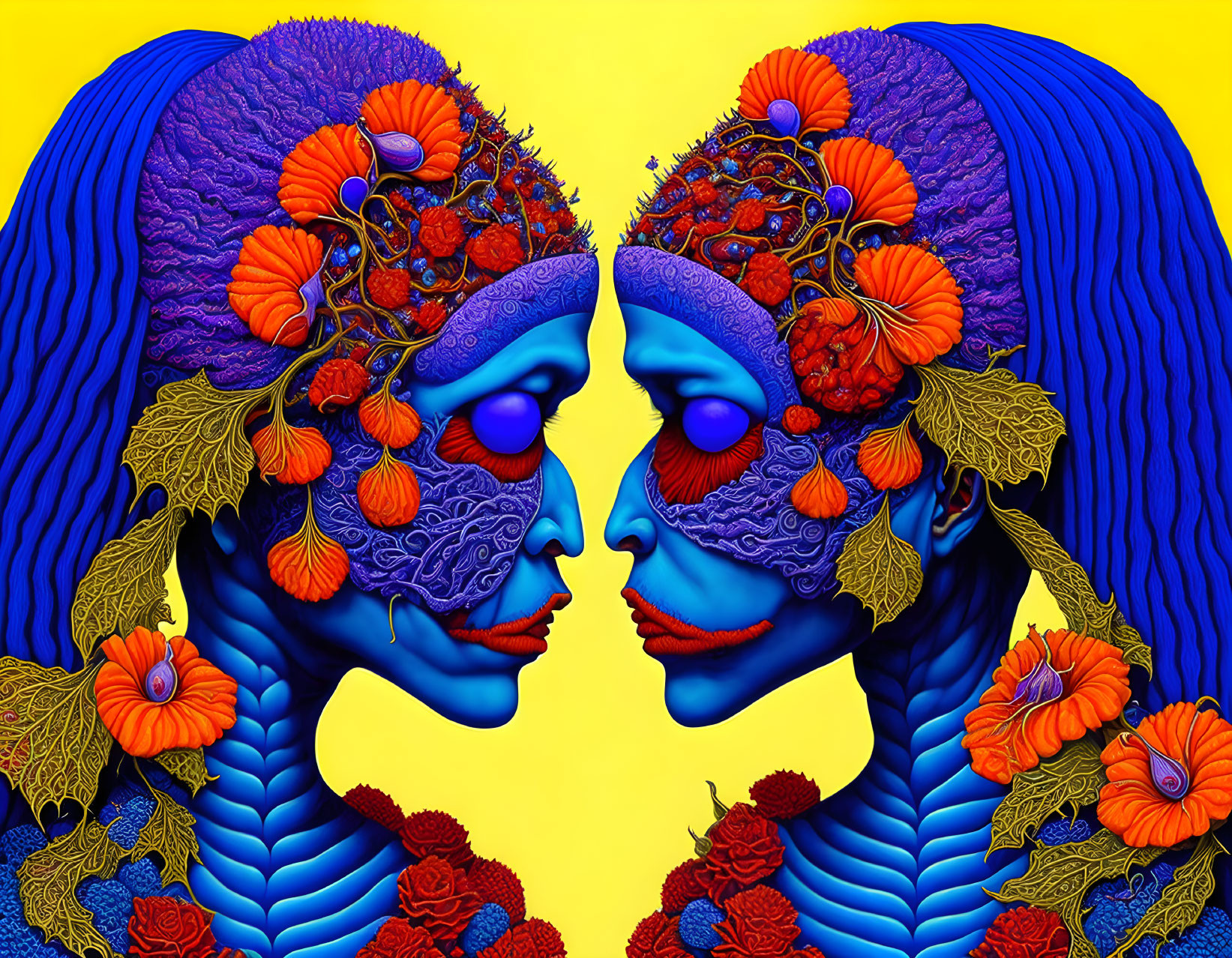 Symmetrical blue and purple faces with floral headdresses on yellow background