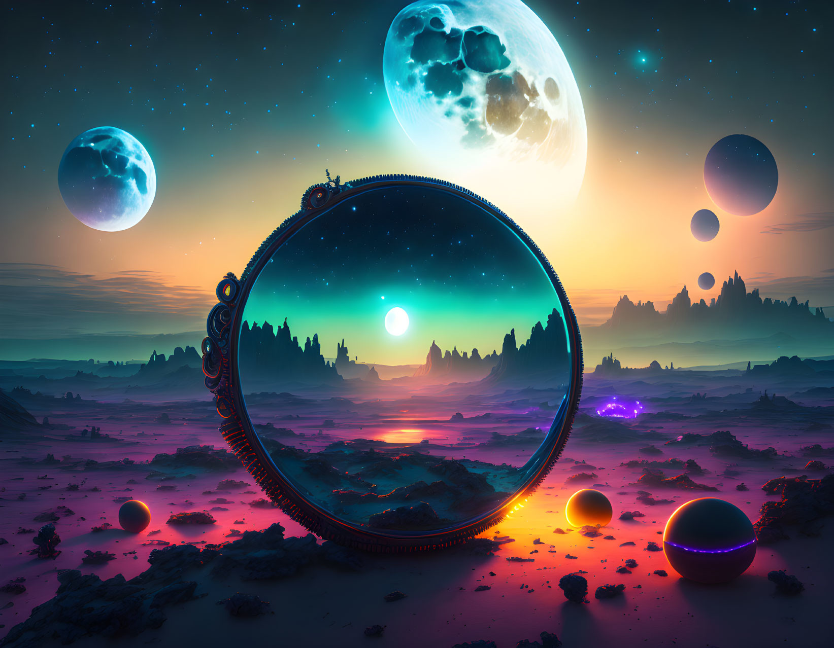 Vibrant surreal landscape with multiple moons and ornate mirror reflection