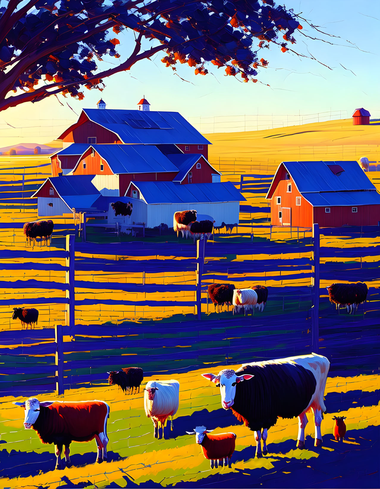 Colorful pastoral farm scene with sheep, red barns, and golden field under blue sky